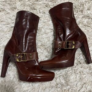 Antik Denim Burgundy Heeled Boots With Buckle Accent Size 7 1/2